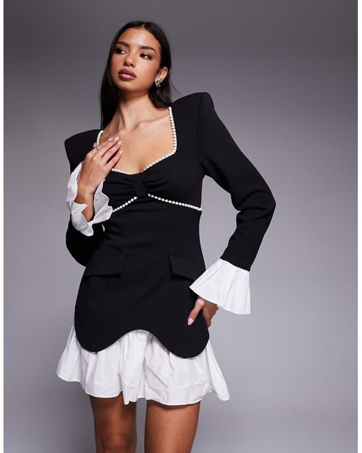 ASOS Black Structured Long Sleeve Mini Dress With Pearl Trim And Pleated Skirt