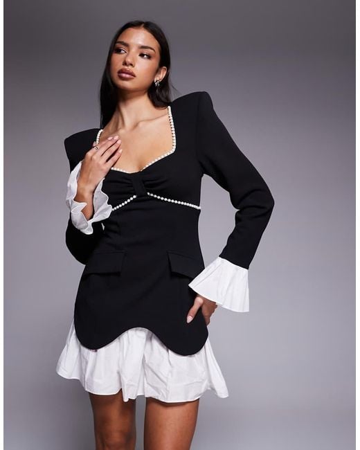 ASOS Black Structured Long Sleeve Mini Dress With Pearl Trim And Pleated Skirt