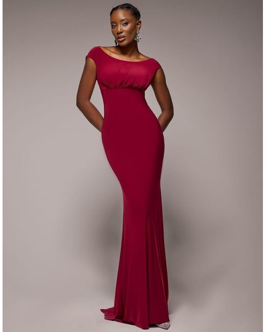 Goddiva Open Back Cowl Neck Gathered Maxi Dress With Velvet Tie Back