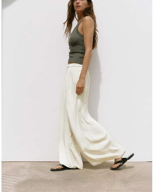 Pull&Bear White Satin Wide-leg Trousers
