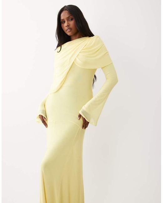 ASOS Natural Modesty Mesh Maxi Dress With Overlay Draped Neckline Detail