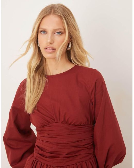 Vestido Largo Con Cuello Redondo, Cintura Fruncida Y Mangas Voluminosas De Popelina De -Rojo ASOS
