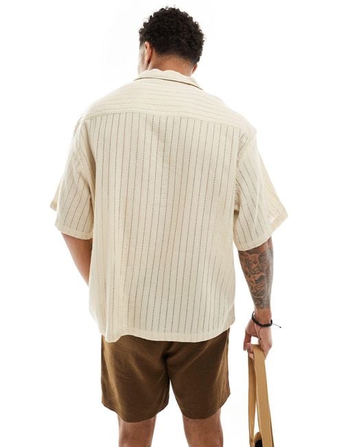 ASOS Brown Short Sleeve Oversized Revere Collar Textured Linear Shirt for men