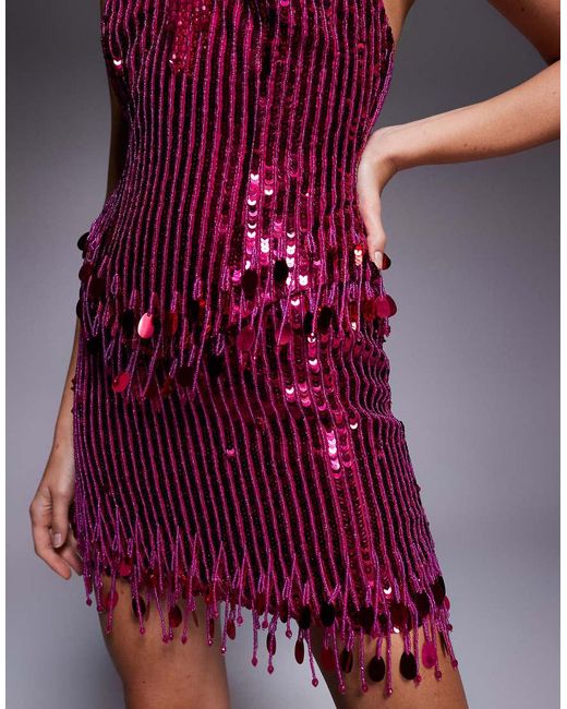 Vestido Corto Con Escote Palabra De Honor, Cuerpo Estilo Corsé, Abalorios Y Detalle De Lazo De ASOS de color Pink