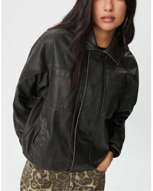 Stradivarius Black Leather Effect Puffer Jacket