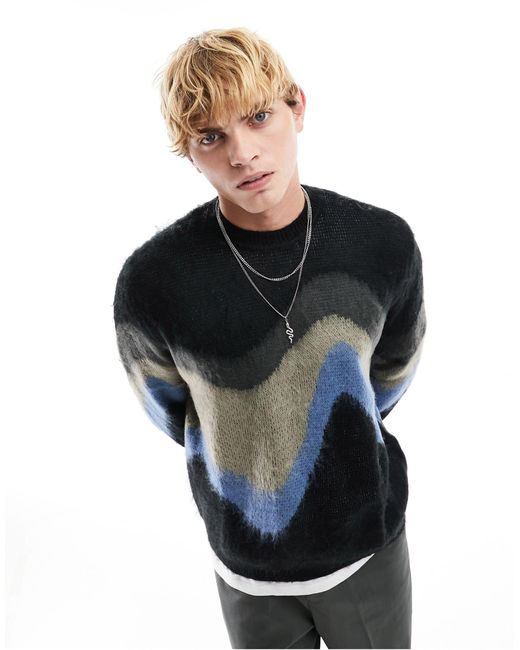 ASOS Black Relaxed Knitted Fluffy Jumper With Blue Wavey Design for men