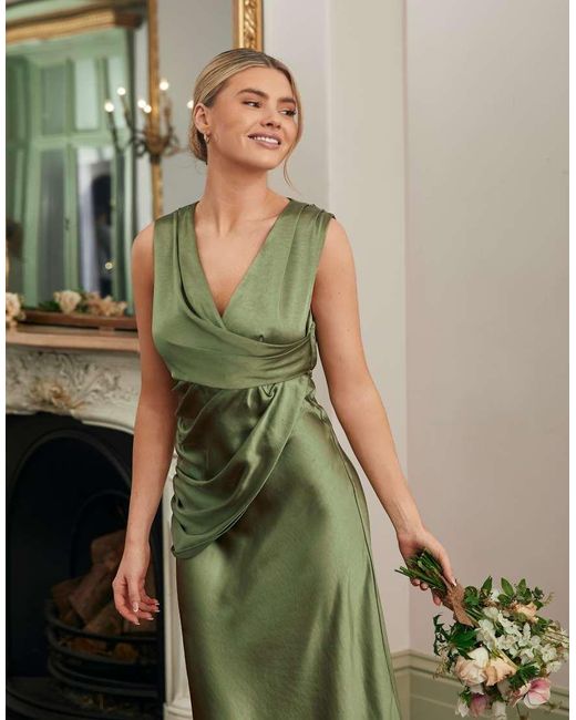 Six Stories Green Bridesmaid Satin Cowl V Neck Maxi Dress
