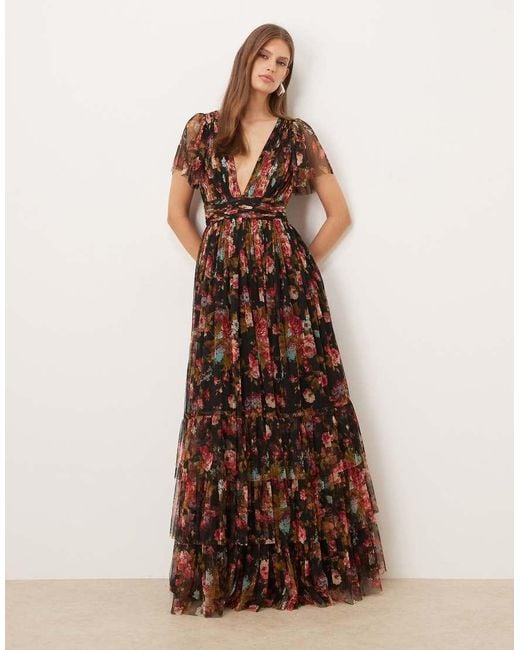 LACE & BEADS Brown Tulle Flutter Sleeve Deep V Maxi Dress