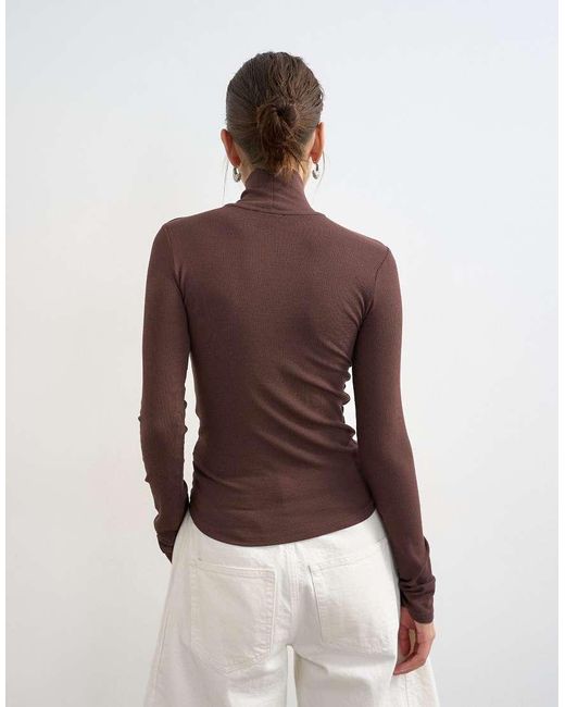 TOPSHOP Brown Premium Rib Knit Funnel Neck Long Sleeve Top