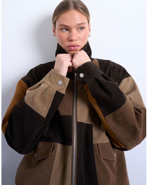TOPSHOP Multicolor – mehrfarbige patchwork-bomberjacke aus wildlederimitat