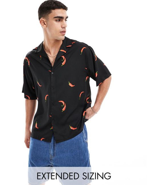 ASOS Black Oversized Revere Shirt With Chilli Pepper Print for men