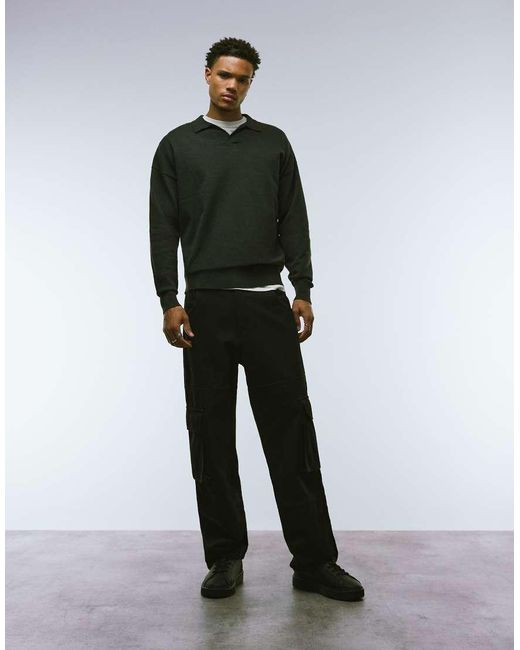 Polo Gris Carbón Jaspeado Holgado De Manga Larga Con Muesca En El Cuello De Punto De ASOS de hombre de color Black