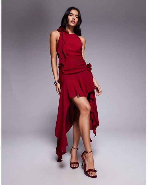 Bardot Red Corsage Ruffle Mini Dress