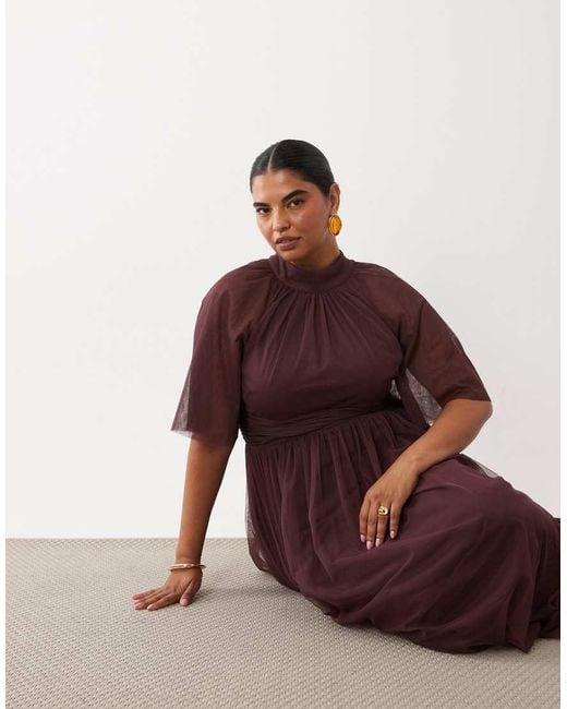 Lace & Beads Plus Red Tulle High Neck Flutter Sleeve Maxi Dress