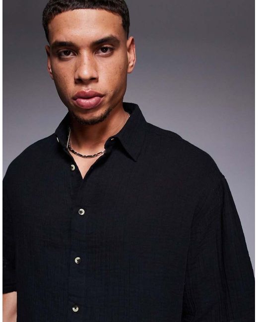 Camisa Negra De Corte Estándar De Bambula Texturizada De ASOS de hombre de color Blue
