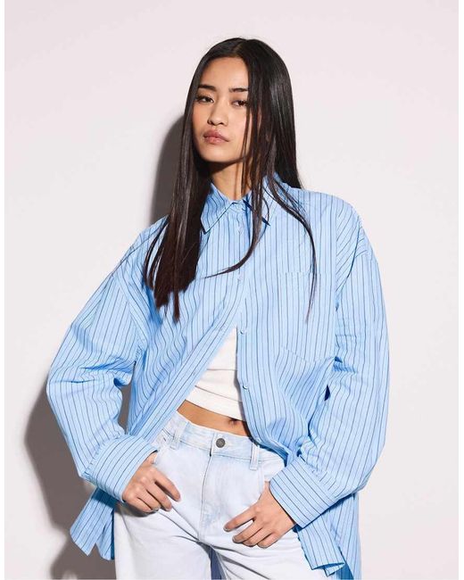 Stradivarius Blue Oversize Striped Shirt