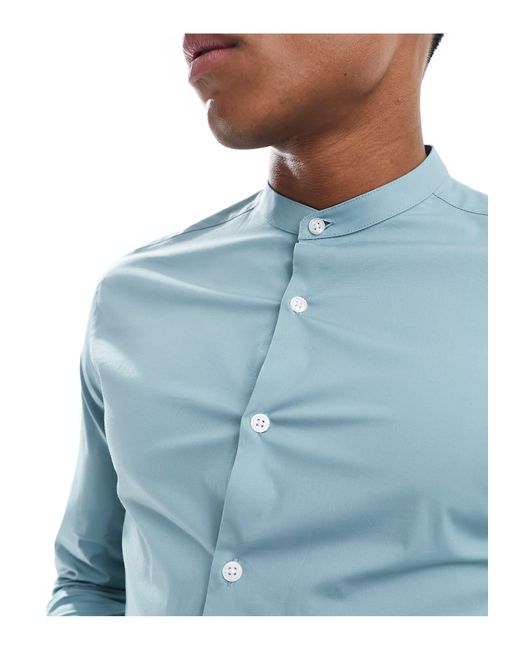ASOS Blue Slim Fit Grandad Collar Shirt for men