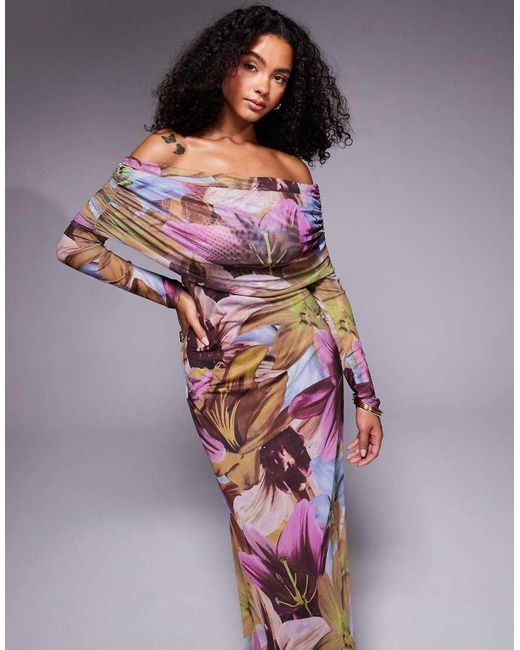 Vestido Midi De Manga Larga Con Oscuro Y Escote Bardot De ASOS de color Purple