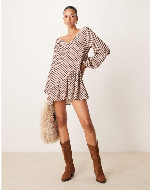 ASOS Natural Long Sleeve Asymmetric Hem Frill Detail Mini Dress