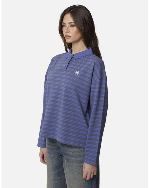 Good For Nothing Blue Striped Monogram Long Sleeve Polo