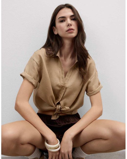 Intimissimi Natural Plain-Weave Linen Short-Sleeved Shirt