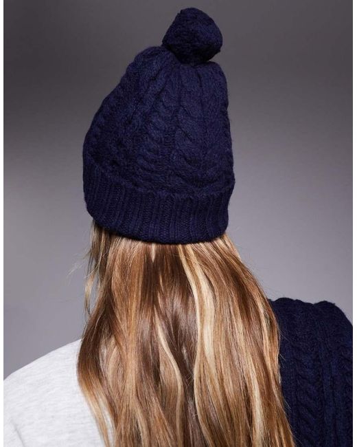 Polo Ralph Lauren Blue Cable Knit Bobble Hat With Bear Logo