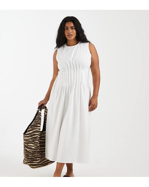 Vero Moda White Poplin Pleated Waist Sleeveless Midi Dress