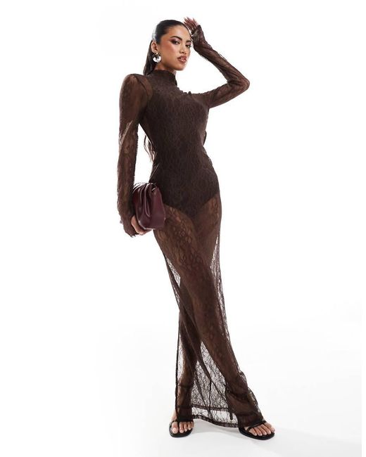 ASOS Lace Overlay Body Maxi Dress in Brown | Lyst UK