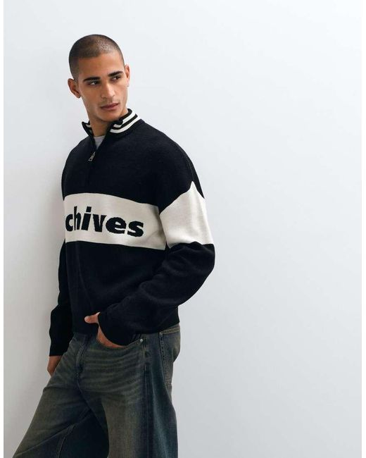 ASOS Black Oversized Knitted Half Zip With Beige Panel And Print for men