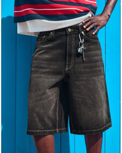 Bershka Red Baggy Denim Bermuda Shorts for men