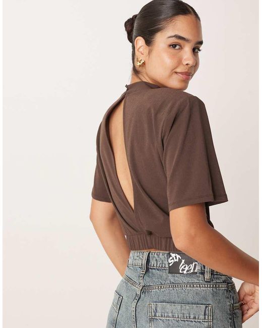 ASOS Brown Structured Shoulder Pad Top With Open Back Detail