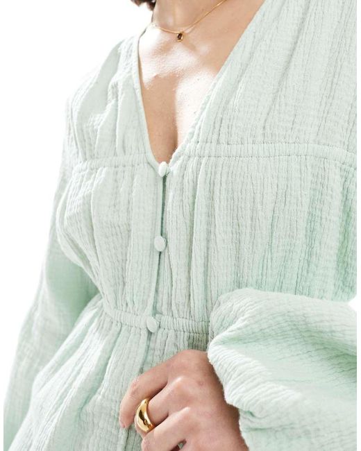 Top Punto Smock A Maniche Lunghe Salvia Con Bottoni Sul Davanti di ASOS in Green