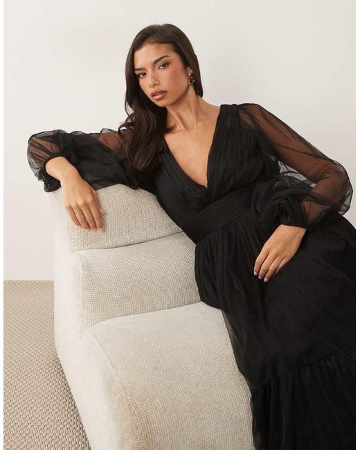 LACE & BEADS Black Bridesmaid Sheer Mesh Sleeve Plunge Neck Tiered Maxi Dress