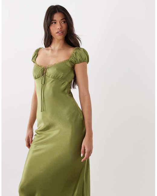 Bardot Green Stasia Satin Puff Sleeve Lace Trim Tie Front Detail Maxi Dress