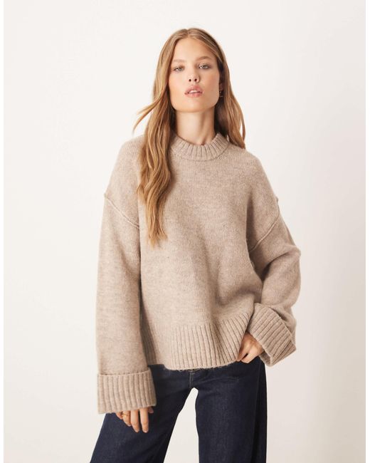 Gina Tricot Natural Relaxed Crew Neck Folded Sleeve Knitted Sweater