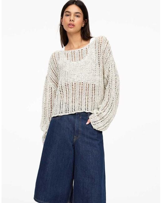 Pull&Bear Blue Off Shoulder Crochet Cropped Jumper