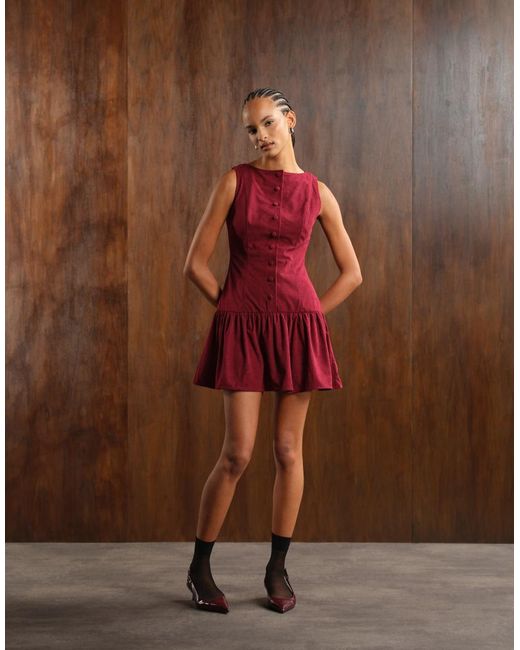 ASOS Red Cord Slash Neck Button Down Dropped Waist Mini Dress