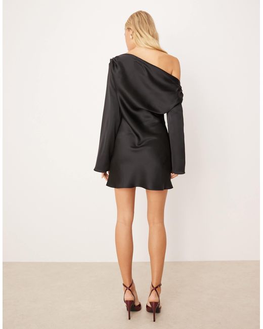 ASOS Black Satin Drape Long Sleeve Off Shoulder Mini Dress