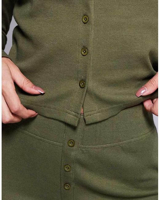 Threadbare Green Ribbed Button Down Long Sleeve Loungewear Set