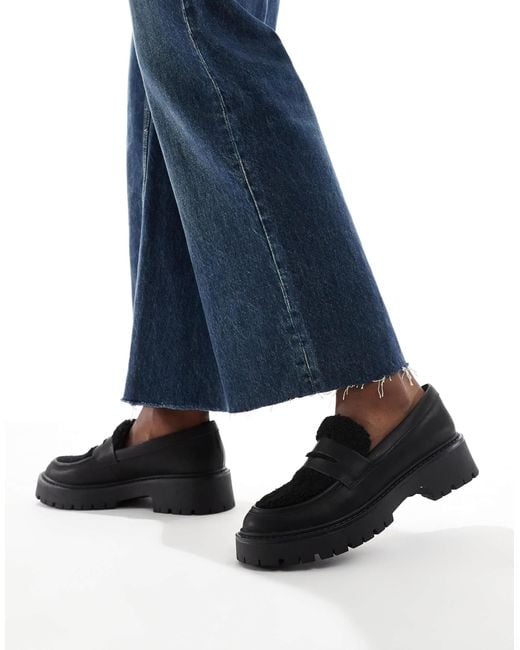 London Rebel Blue Olivia Contrast Teddy Fur Chunky Loafers