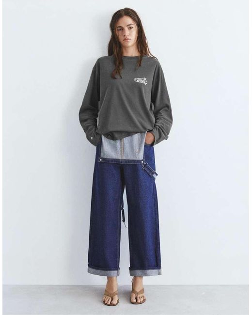 Pull&Bear Gray Long Sleeve Graphic Print T-shirt