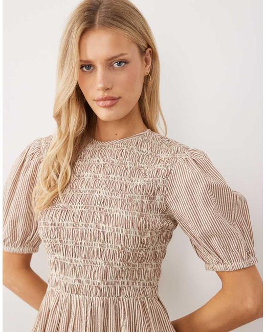 Wednesday's Girl Natural Shirred Short Sleeve Mini Dress