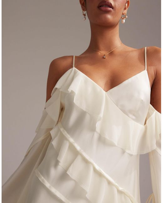ASOS Natural Satin Chiffon Mix Ruffle Cold Shoulder Maxi Dress