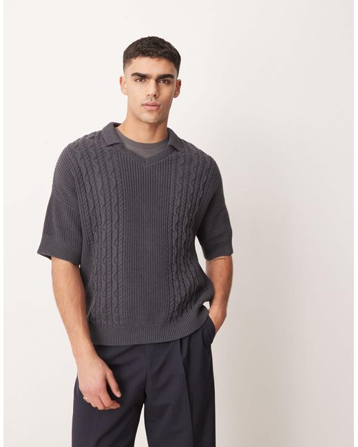 Polo décontracté en maille torsadée avec col cranté - anthracite ASOS pour homme en coloris Blue