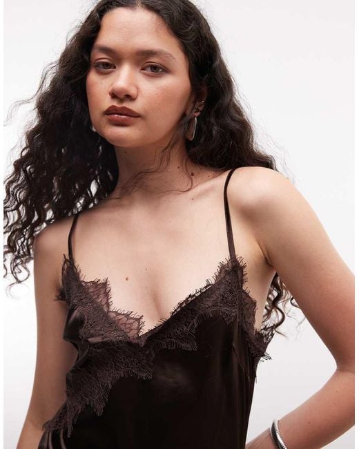 Noisy May Black Asymmetric Satin Top With Lace Hem