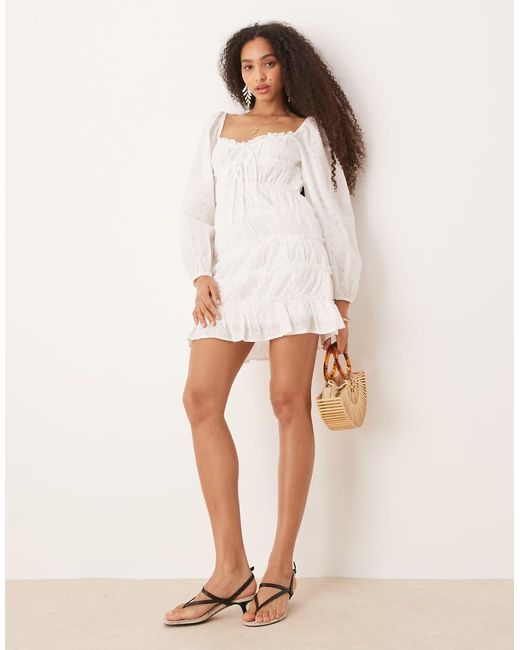 Gina Tricot White Long Sleeve Sweetheart Neck Broderie Anglais Mini Dress