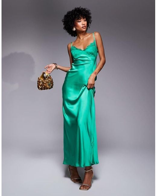 ASOS Green Lace Bust Cup Satin Maxi Dress With Cut Out Back