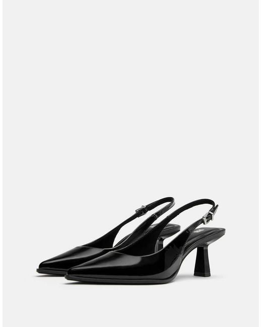 Pull&Bear Black Vinyl Kitten Heel Slingback Shoes