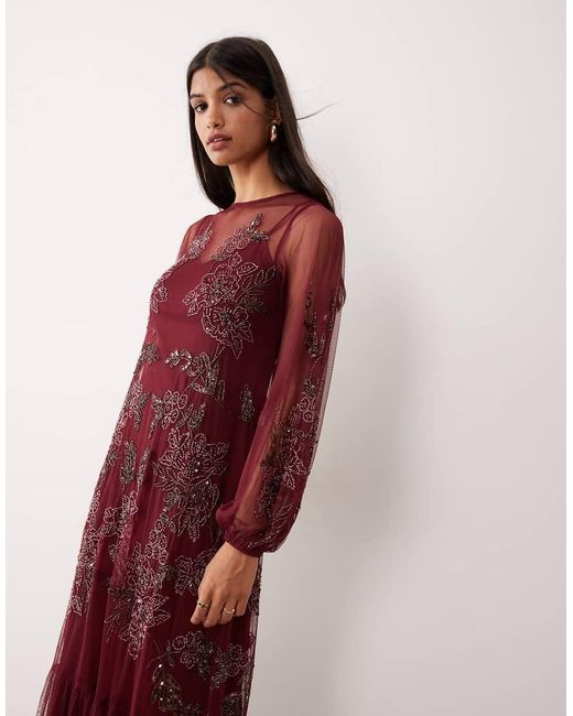 Maya Red Embellished Long Sleeve Trapeze Maxi Dress