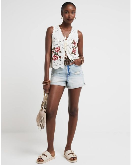 River Island White Broderie Embroidered Tie Up Vest Top